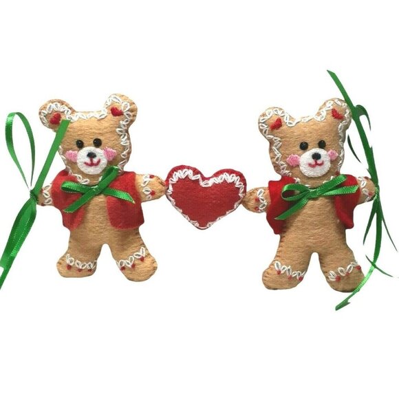 Felt Love Bears Garland Christmas Ornament Handmade Hand Stitched Embroidered - Picture 1 of 5